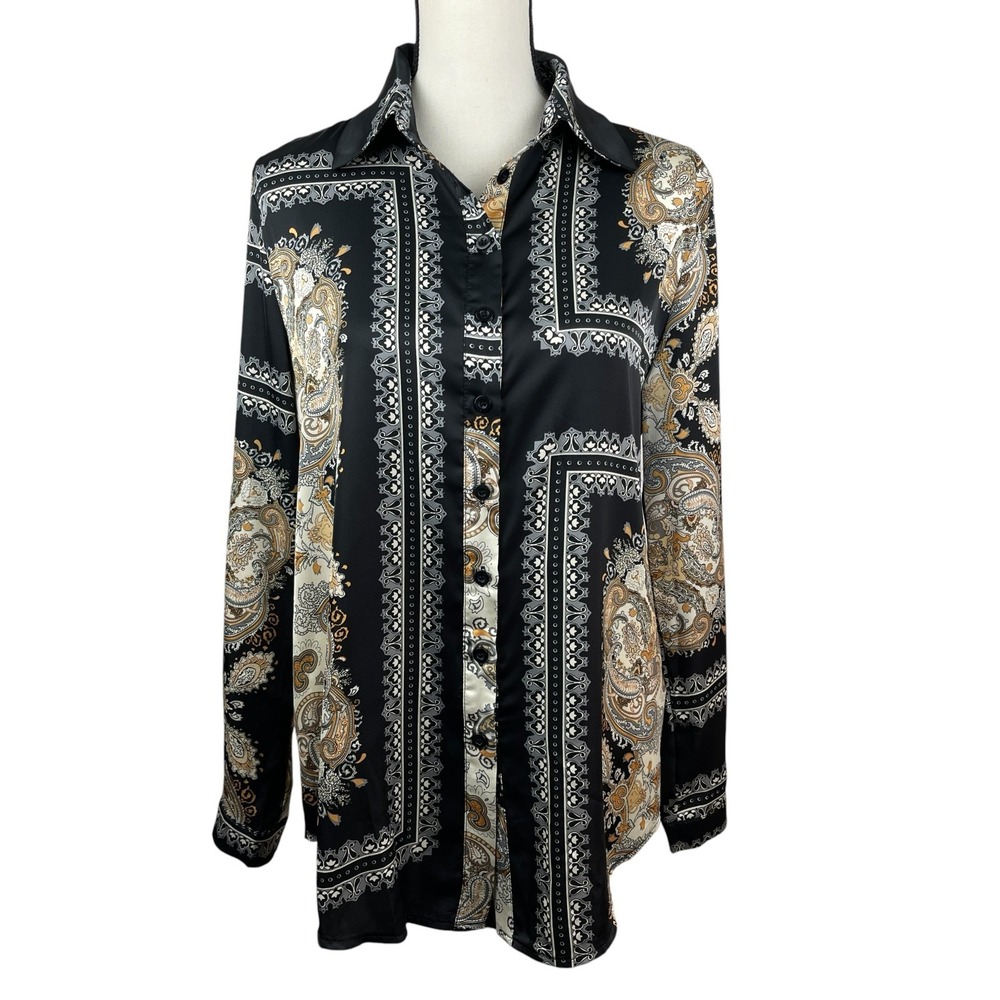 PrettyLittleThing Women's Button Front Shirt Size 0 Black Gold Paisley Oversized